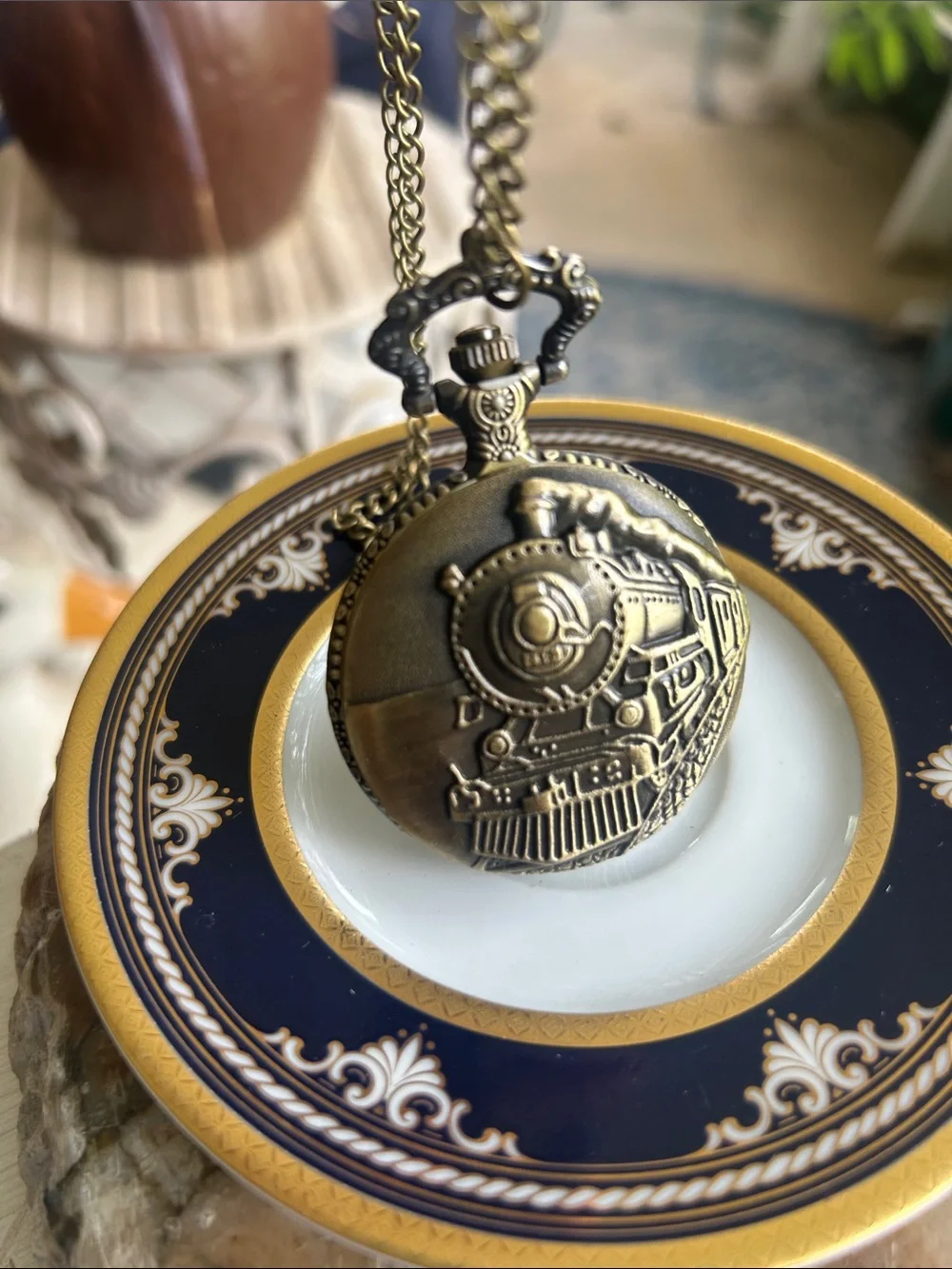 Antique-Style Train Pocket Watch Necklace